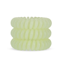 Load image into Gallery viewer, A tower of 3 apple pie green coloured hair bobbles called spirabobble. A plastic spiral circular hair tie spira bobble.