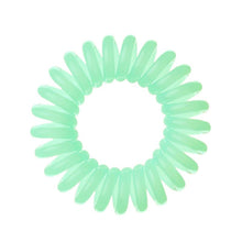 Load image into Gallery viewer, An aqua green coloured plastic spiral circular hair bobble on a white background called a spirabobble
