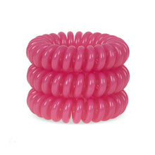 Load image into Gallery viewer, A tower of 3 candy pink coloured hair bobbles called spirabobbles. A plastic spiral circular hair tie spira bobble.
