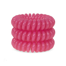 Load image into Gallery viewer, A tower of 3 candy pink coloured hair bobbles called spirabobbles. A plastic spiral circular hair tie spira bobble.
