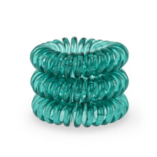 Load image into Gallery viewer, A tower of 3 serene green coloured hair bobbles called spirabobbles. A plastic spiral circular hair tie spira bobble.