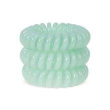 Load image into Gallery viewer, A tower of 3 always aqua green coloured hair bobbles called spirabobble. A plastic spiral circular hair tie spira bobble.
