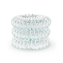 Load image into Gallery viewer, A tower of 3 clear aqua green coloured hair bobbles called spirabobble. A plastic spiral circular hair tie spira bobble.