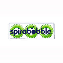 Load image into Gallery viewer, A flat transparent box of 3 lime time green coloured hair accessories called spirabobbles