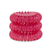 Load image into Gallery viewer, A tower of 3 perfect rose pink coloured hair bobbles called spirabobbles. A plastic spiral circular hair tie spira bobble.
