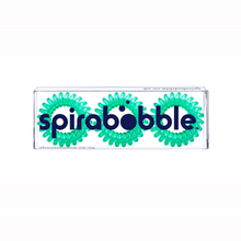 Load image into Gallery viewer, A flat transparent box of 3 pine green coloured hair accessories called spirabobbles