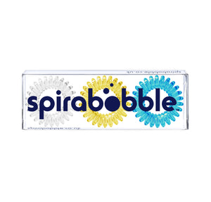 A flat transparent box of 3 coloured hair accessories called spirabobbles from the summer cheer collection
