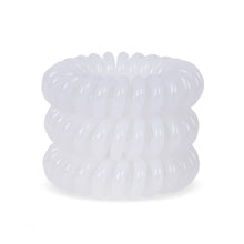 Load image into Gallery viewer, A tower of 3 ice white coloured hair bobbles called spirabobbles. A white plastic spiral circular hair tie spira bobble.