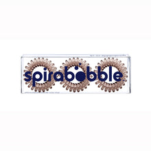 Load image into Gallery viewer, A flat transparent box of 3 Terrific Toffee Brown coloured hair accessories called spirabobbles.
