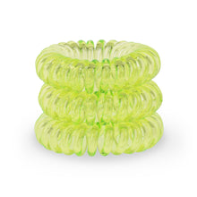 Load image into Gallery viewer, A tower of 3 spring green coloured hair bobbles called spirabobble. A plastic spiral circular hair tie spira bobble.
