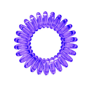 A clear purple coloured plastic spiral circular hair bobble on a white background called a spirabobble