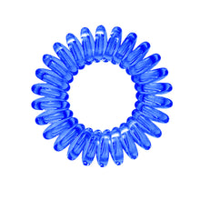 Load image into Gallery viewer, A blue coloured plastic spiral circular hair bobble on a white background called a spirabobble.
