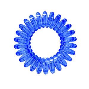 A blue coloured plastic spiral circular hair bobble on a white background called a spirabobble.