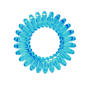 A Mediterranean blue coloured plastic spiral circular hair bobble on a white background called a spirabobble.e
