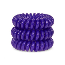 Load image into Gallery viewer, A tower of 3 deep purple coloured hair bobbles called spirabobbles. A purple plastic spiral circular hair tie spira bobble.
