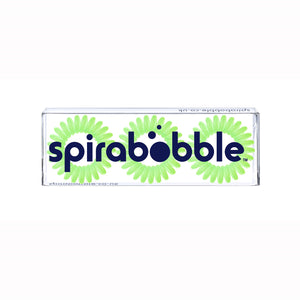 A flat transparent box of 3 apple pie green coloured hair accessories called SpiraBobbles