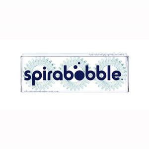 A flat transparent box of 3 aqua green coloured hair accessories called spirabobbles