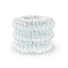 Load image into Gallery viewer, A tower of 3 clear aqua green coloured hair bobbles called spirabobble. A plastic spiral circular hair tie spira bobble.
