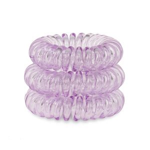 Tower of 3 light purple coloured spiral hair bobbles called spira bobbles