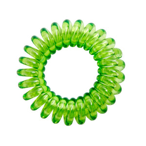 A lime time green coloured plastic spiral circular hair bobble on a white background called a spirabobble.