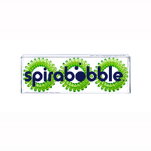 Load image into Gallery viewer, A flat transparent box of 3 lime time green coloured hair accessories called spirabobbles
