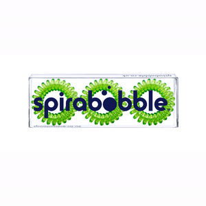 A flat transparent box of 3 lime time green coloured hair accessories called spirabobbles