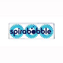 Load image into Gallery viewer, A flat transparent box of 3 Mediterranean Blue coloured hair accessories called spirabobbles
