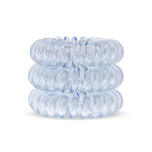 Load image into Gallery viewer, A tower of 3 pale blue coloured hair bobbles called spirabobbles. A plastic spiral circular hair tie spira bobble.
