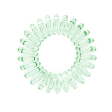 Load image into Gallery viewer, A pale green coloured plastic spiral circular hair bobble on a white background called a spirabobble.
