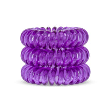 Load image into Gallery viewer, A tower of 3 purple berry coloured hair bobbles called spirabobbles. A purple plastic spiral circular hair tie spira bobble.
