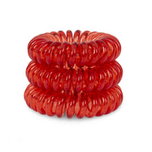 Load image into Gallery viewer, A tower of 3 red coloured hair bobbles called spirabobbles. A plastic spiral circular hair tie spira bobble.

