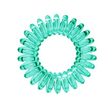 Load image into Gallery viewer, A serene green coloured plastic spiral circular hair bobble on a white background called a spirabobble.
