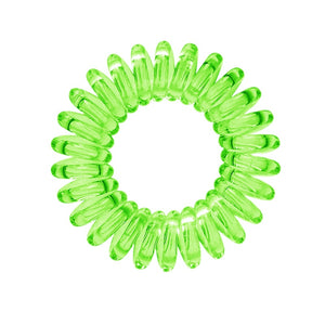 A simply spring green coloured plastic spiral circular hair bobble on a white background called a spirabobble