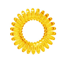 Load image into Gallery viewer, A sunflower yellow solid coloured plastic circular hairband on a white background that looks like an old fashioned curly coiled telephone cable or a coiled spring which has been made into a circular shape
