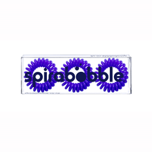 Load image into Gallery viewer, A flat transparent box of 3 purple coloured hair accessories called spirabobbles
