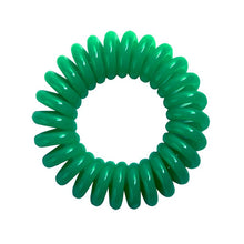 Load image into Gallery viewer, A green coloured plastic spiral circular hair bobble on a white background called a spirabobble.
