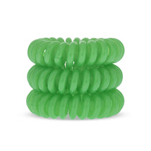 Load image into Gallery viewer, A tower of 3 lime green coloured hair bobbles called spirabobbles. A green plastic spiral circular hair tie spira bobble.
