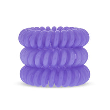 Load image into Gallery viewer, A tower of 3 purple power violet different coloured hair bobbles called spirabobbles. A plastic spiral circular hair tie spira bobble.
