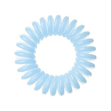 Load image into Gallery viewer, A pale blue solid coloured plastic circular hairband on a white background that looks like an old fashioned curly coiled telephone cable or a coiled spring which has been made into a circular shape
