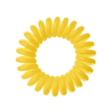 Load image into Gallery viewer, A sunflower yellow coloured plastic spiral circular hair bobble on a white background called a spirabobble.
