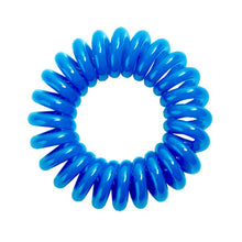 Load image into Gallery viewer, A turquoise blue solid coloured plastic circular hairband on a white background that looks like an old fashioned curly coiled telephone cable or a coiled spring which has been made into a circular shape
